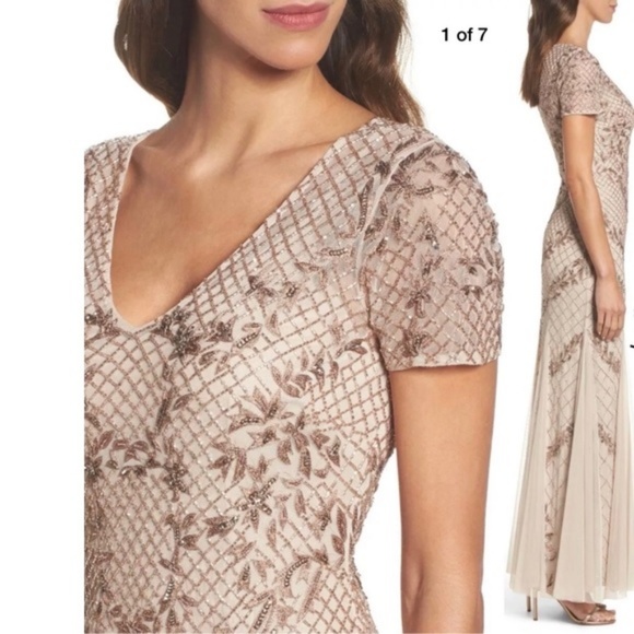 NWT $379 Adrianna Papell Beaded‎ Mesh Mermaid Gown Floral Biscotti [SZ 8 ] - Picture 7 of 12